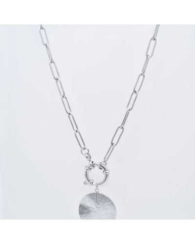 Collier chaîne trombone médaillon solaire argenté Kapyco