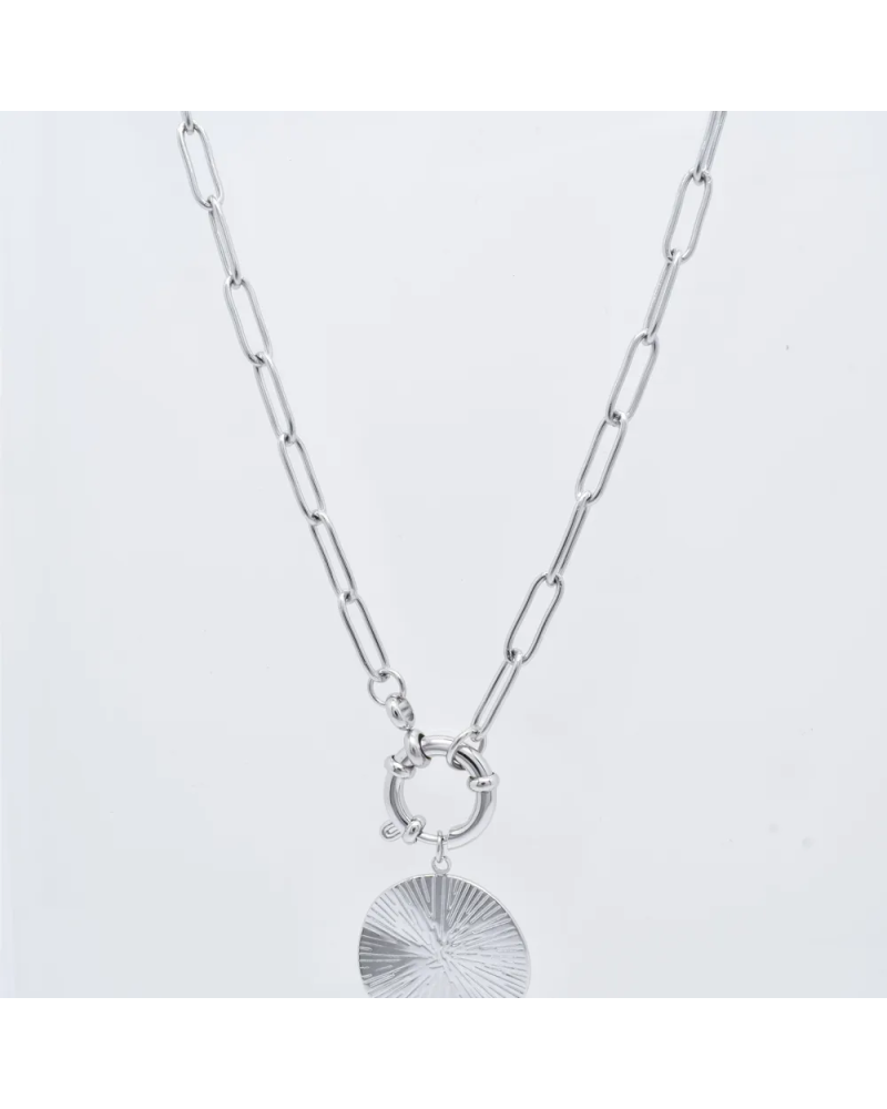 Collier chaîne trombone médaillon solaire argenté Kapyco