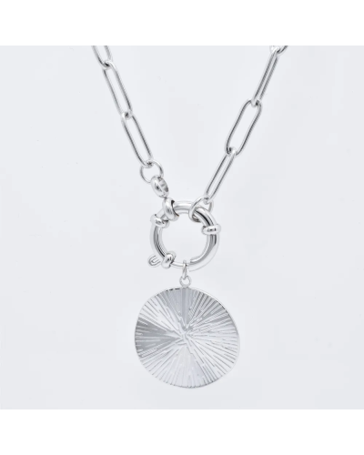 Collier chaîne trombone médaillon solaire argenté Kapyco