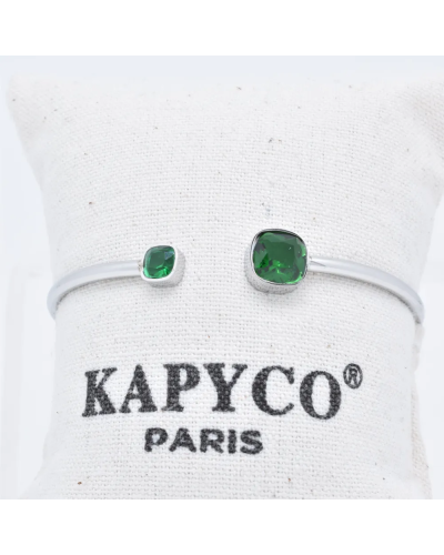 Bracelet jonc souple en acier argenté avec des cristaux  vert