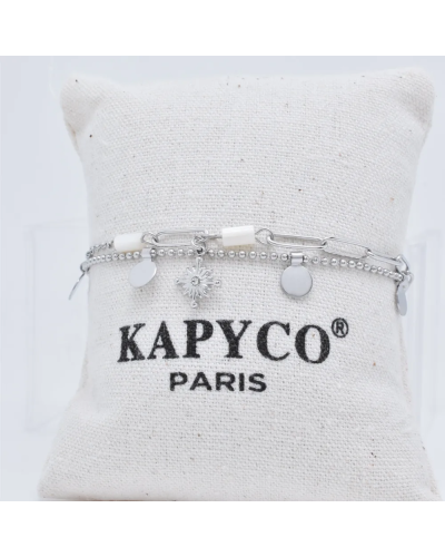 Bracelet nacre ou pierres naturelles en acier inoxydable argenté