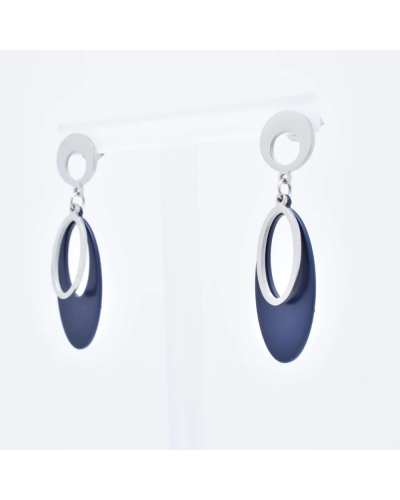 Boucles d'oreilles en acier argenté et laqué bleu marine