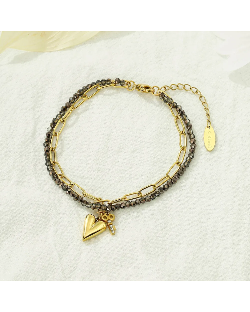 Bracelet cristaux gris en acier inoxydable doré